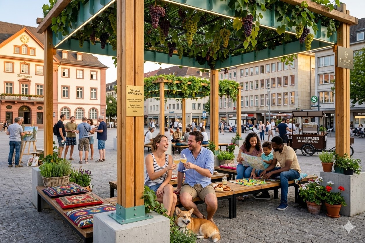 Stadthain Ensemble auf einem historischen Marktplatz mit Weinreben und Sitzbänken