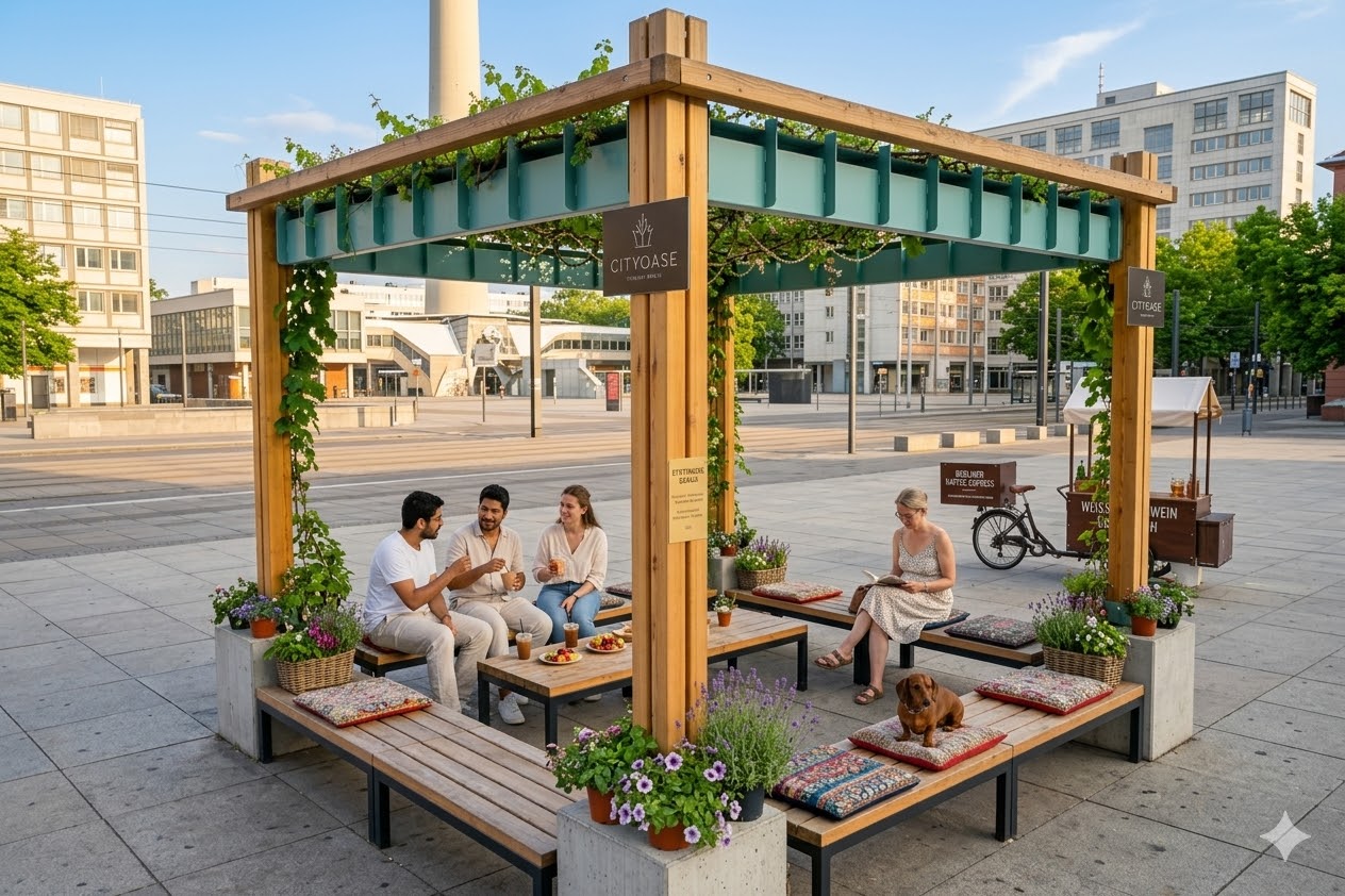 Stadthain Ensemble als Erlebnisfläche auf einem urbanen Platz mit Menschen