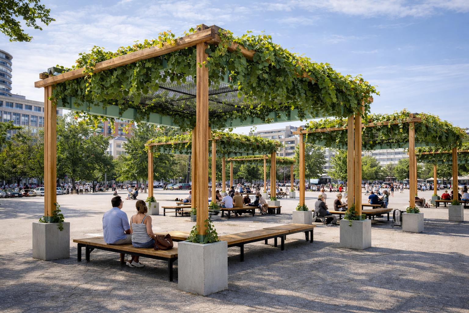 Stadthain Ensemble Pergolen mit natürlicher Begrünung auf einem belebten Stadtplatz
