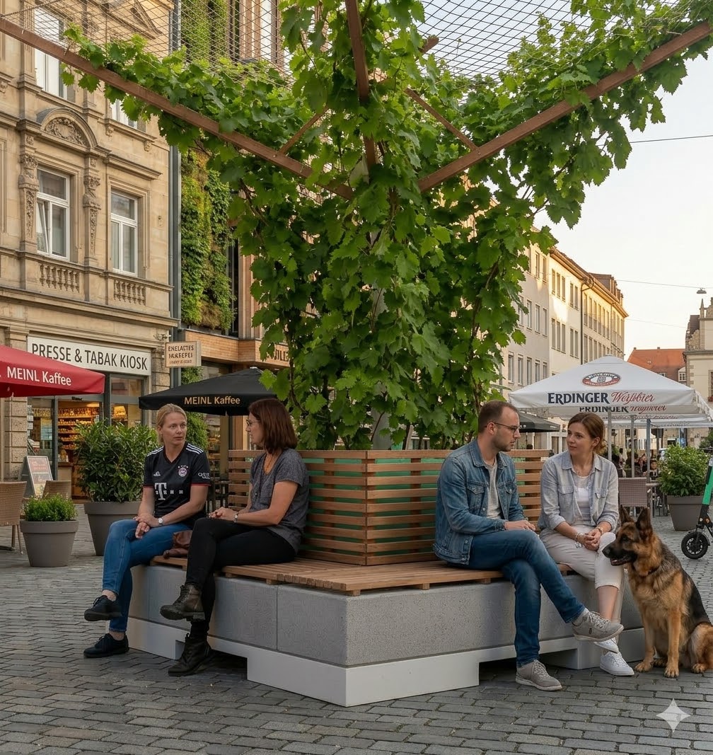 Stadthain Solo als grüner Treffpunkt in einer Altstadt-Fußgängerzone