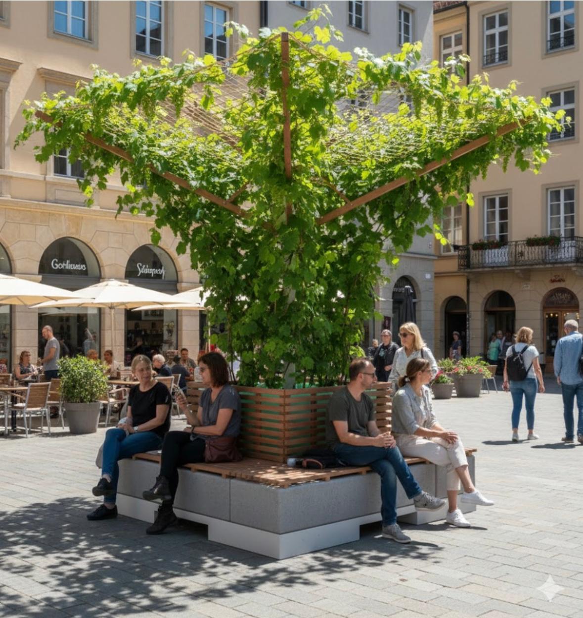 Stadthain Solo Einzelmodul mit baumförmiger Kletterpflanzen-Krone in der Fußgängerzone